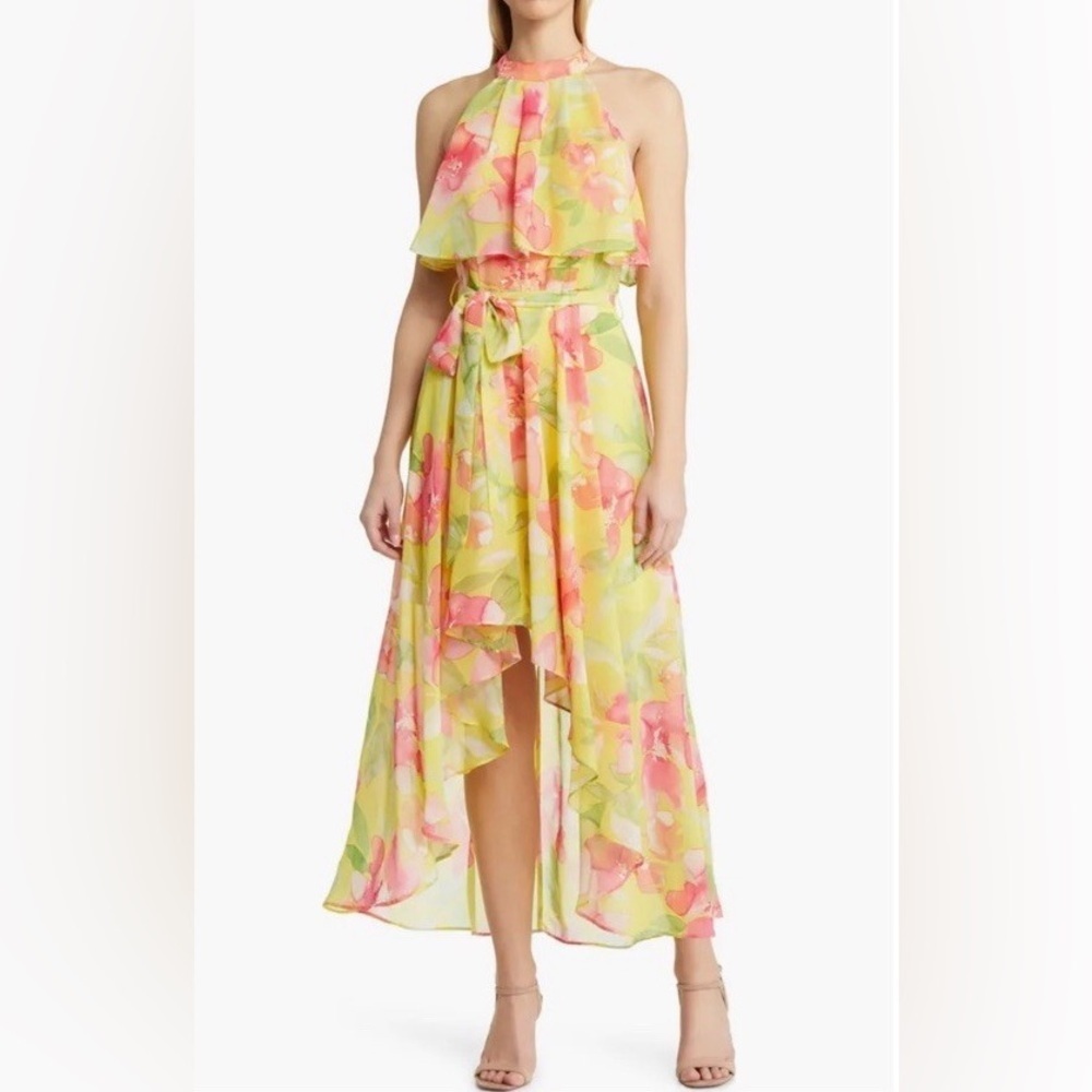 Eliza J Floral High-Low Chiffon Dress